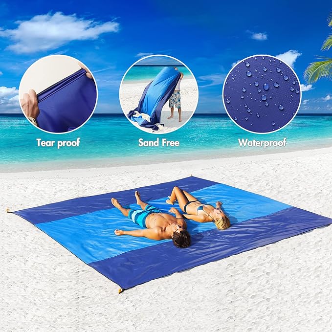 MIULEE Beach Blanket Waterproof Sandproof, Extra Large 110" x 114" Beach Mat Oversized for 5-8 Adults, Portable Lightweight Outdoor Blanket with 4 Corner Pockets for Hiking, Picnic, Travel, Camping