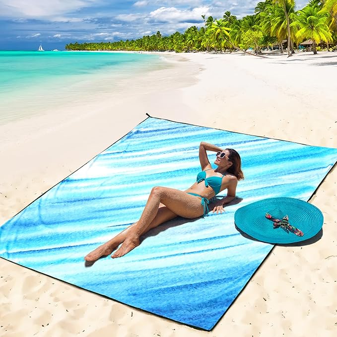 Beach Blanket Waterproof Sandproof Beach Mat 79" X 83" /10'x9'for 2-8 Adults Quick Drying Outdoor Picnic Mat Beach Accessories for Travel, Camping, Hiking