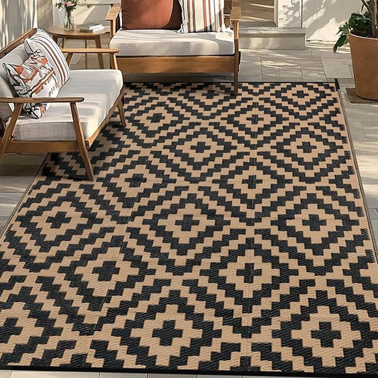 Outdoor Patio Plastic Straw Rug - 6'x9' Outdoor Camping Rug Waterproof Reversible, Area Carpet Patios Clearance RV, Outside Porch Balcony Deck for Camper, Black & Brown