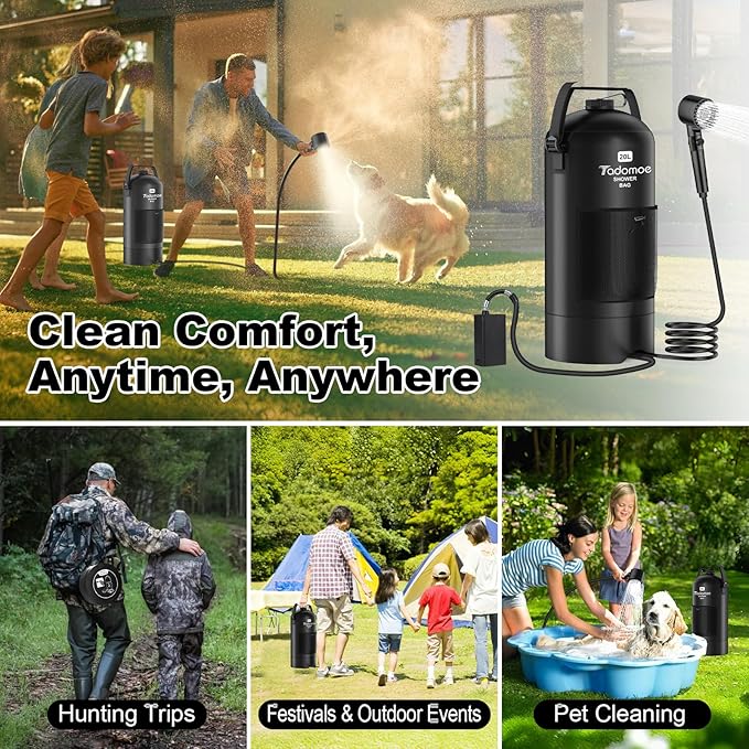 Portable Shower for Camping, 5 Gal/20 L Solar Heating Camping Shower Bag with Shower Pump, Portable Shower Head, Essential for Camping,Festivals, Overlanding, Beach Trips,Outdoor Showers