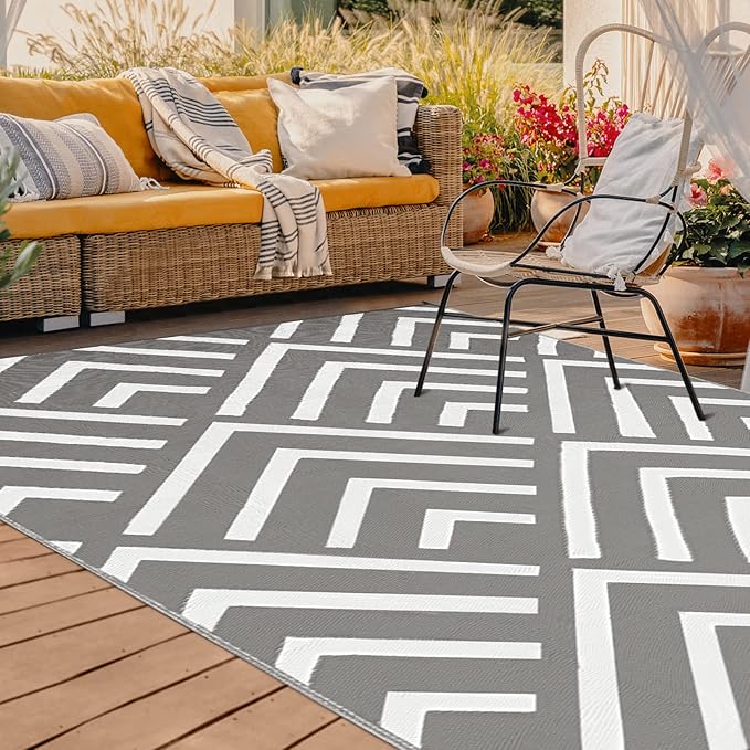 Kohree RV Outdoor Rug 9x12 Reversible, Waterproof Patio Mat with 4 Stakes & UV Fade Resistant, Non-Slip Outdoor Camping Mat for Deck, Picnic, Backyard, Includes Carry Bag (Grey & White)