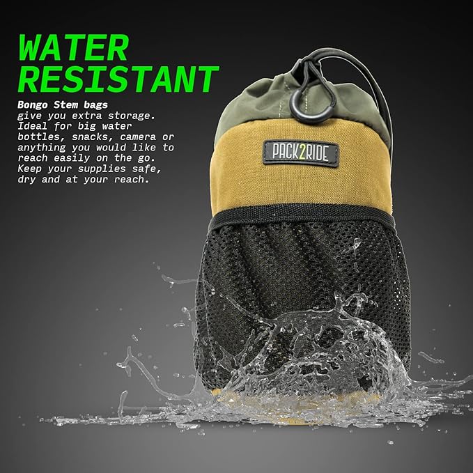 Bongo Bike Handlebar Bag - Water Resistant & Durable Fabric Bicycle Water Bottle Holder, Secure Attachment Bikepacking Stem Bag, Front Biking Storage, Bike Organizer for Cycling - Coyote