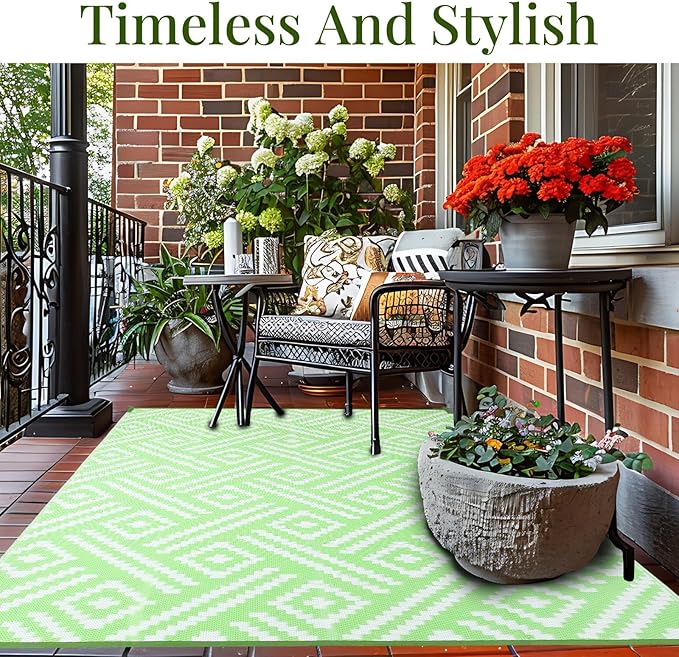 OPPODREAM Outdoor Rug 8x10 Patio Waterproof, Large Outdoor Plastic Straw Rug, Reversible Out Door Carpet for Camping, Deck, Rv, 8 x 10 Area Carpet for Balcony, Porch, Backyard, White and Green