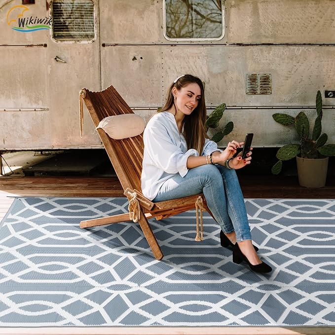 wikiwiki Outdoor Rug, 5x8ft Waterproof Reversible Mat Indoor Outdoor Rugs Carpet, Small Area Rug Plastic Straw Rug for Patio Deck Balcony Pool RV Camping Beach Picnic, Grey, Rugscape Series