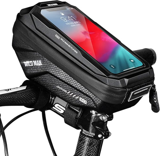 Bike Handlebar Bag, Waterproof Bicycle Frame Top Tube Pouch Pannier Cycling Handlebar Bags Bike Phone Mount Cycle Cell Phone Holder Stand for iPhone 16 15 14 13 Pro Max Samsung Smartphone up to 6.7''