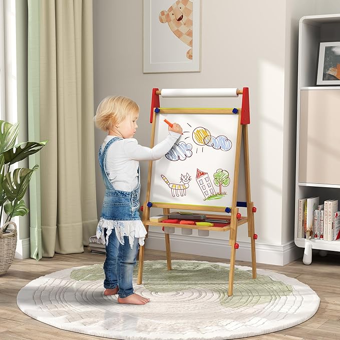 Qaba Easel for Kids, 3 in 1 Kids Art Easel with Paper Roll, Whiteboard, Chalkboard, Double Sided & Adjustable Height Wooden Toddler Easel with Painting Accessories, for Kids 3-8 Years, Nature Wood