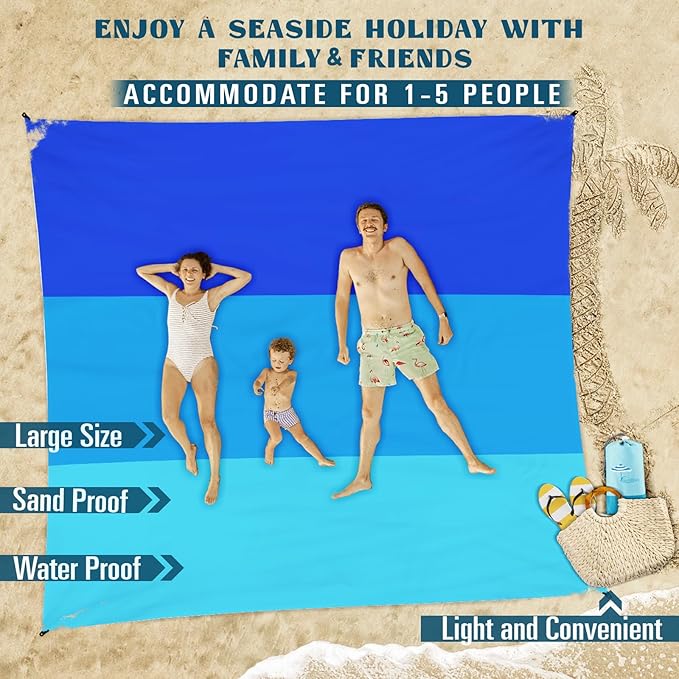Beach Blanket Sandproof Waterproof 78''×81''1-5 Adults Oversized,Compact Lightweight Durable Beach Mat for Travel Camping Hiking Picnic Blanket