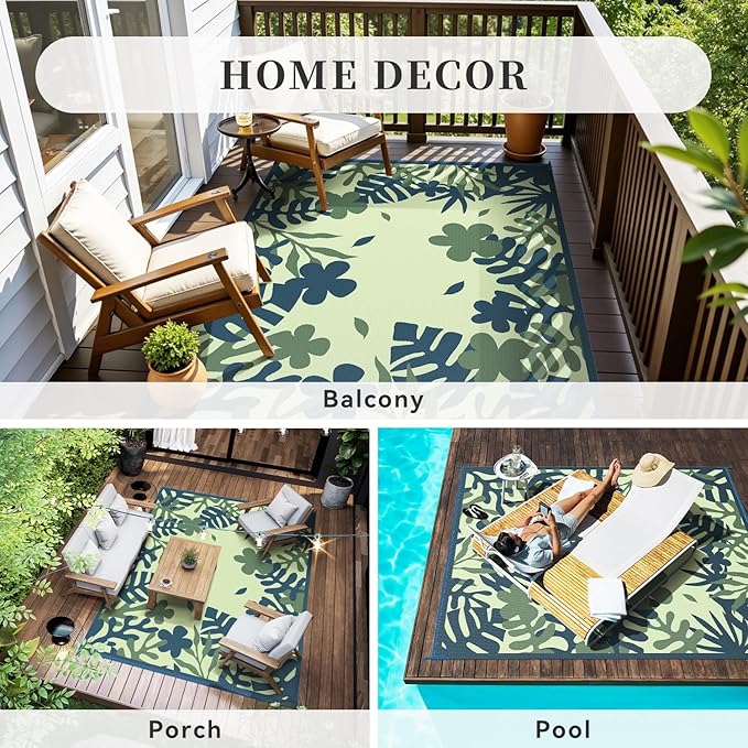 MontVoo Outdoor Rug Waterproof 6x9 ft RV Outdoor Rug for Camping Picnic Mat Outdoor Patio Rug Carpet Plastic Straw Reversible Floral Teal Blue Green