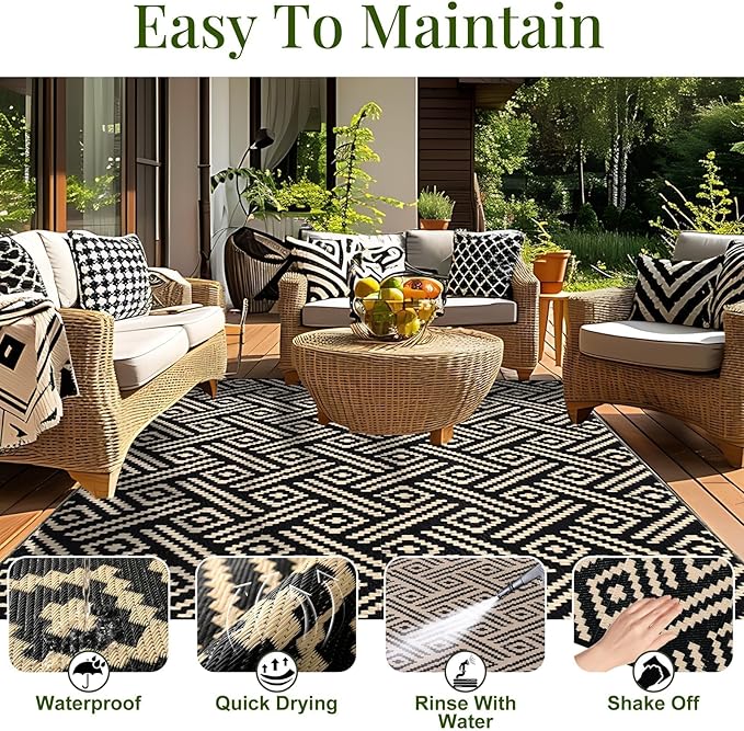 OPPODREAM Outdoor Rug 5x8 Ft, Waterproof Outdoor Plastic Straw Rug for Patio, Reversible Out Door Carpet for Camping, Deck, Rv, 5 x 8 Area Carpet for Balcony, Porch, Backyard, Black and Beige