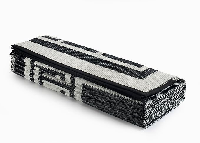 FH Home Outdoor Camping Rug - Waterproof, Fade Resistant, Reversible - Premium Recycled Plastic - Greek Border - Large Patio, Deck, Sunroom, RV - Athens - Black & White - 9 x 12 ft Foldable