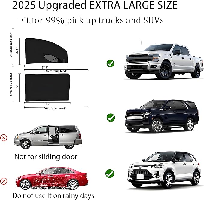 [2025] Car Window Screens for Ford F 150 250 350 2015-2025 Truck Shades 4 Pcs Pickup SUV Car Bug Mosquito Net Camping Protector Adjustable Elastic Mesh Netting for Front Rear Side Window Kids Babies