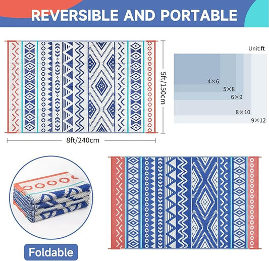 Outdoor Rugs Patio Camping Waterproof - 5x8 Plastic Straw Patio Rug Portable for Campers, Outside RVs Mat, Outdoor Area Carpet for Patios Clearance, Backyard Porch, Balcony, Picnic