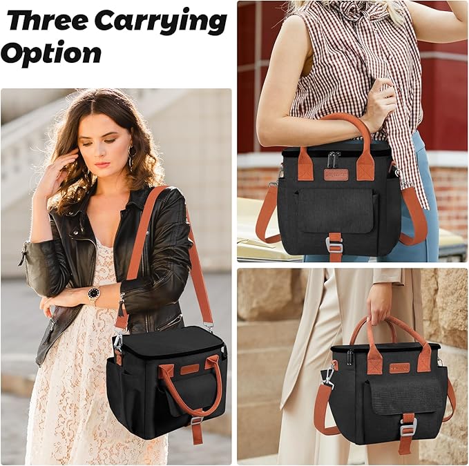 Joymee Insulated Lunch Bag for Women/Men, Waterproof Lunch Box for Office Work Picnic Beach, Reusable Large Leakproof Cooler Tote Bag with Adjustable Shoulder Strap & Side Pocket, Black