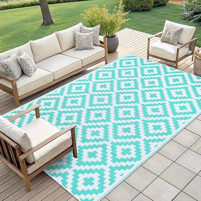 Smiry Waterproof Outdoor Rug 9x12 ft, Reversible Plastic Straw Patio Camping Rugs, Outdoor Indoor RV Mat Carpet for Patio, Outside Entry, Backyard, Deck, Bench, Picnic, Camper, White & Teal