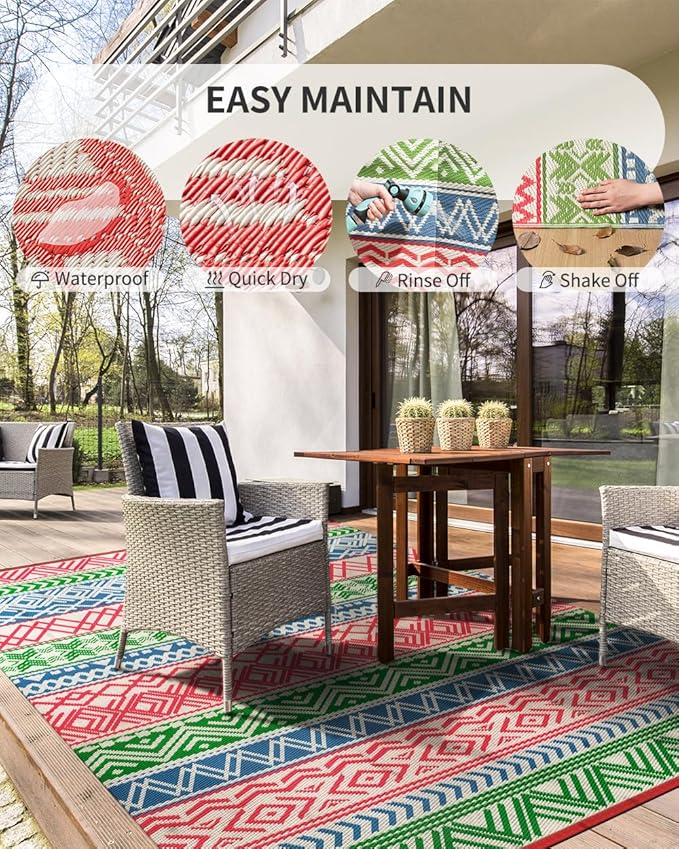MontVoo Outdoor Rug Carpet 8x10 Waterproof-Patio Rug Mat Reversible RV Camping Rug Picnic Mat Plastic Straw Outside Rug for Balcony Porch Deck Beach-Boho Outdoor Area Rug for Patio Decor Colorful