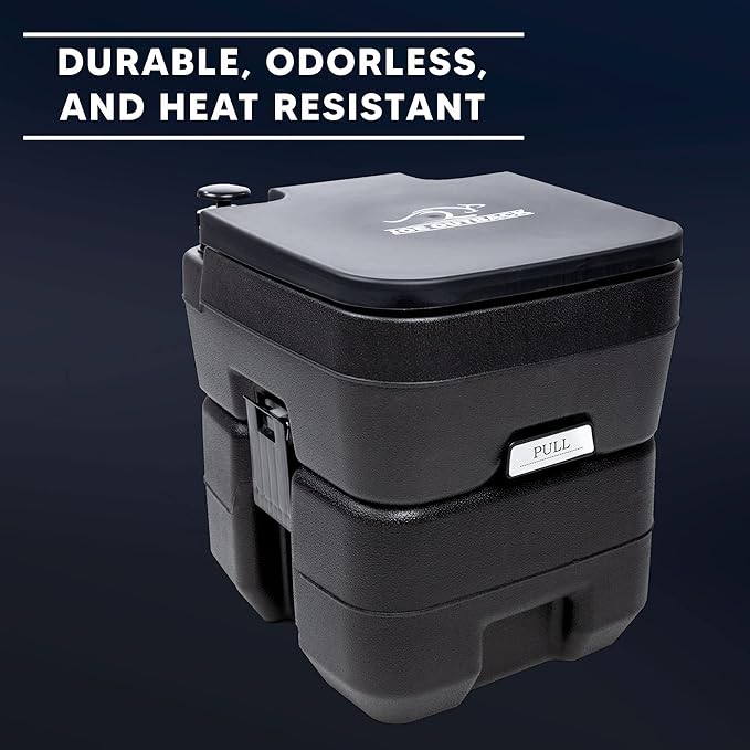 Camping Toilet w/Privacy Tent – 2.5 Gallon Fresh Water Camp Toilet for up to 50 Clean Flushes – Odorless & Heat Resistant Portable Camping Toilet – PE Camping Potty w/ 5.3 Gallon Waste Tank