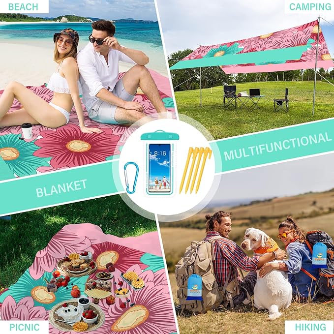 BYDOLL Beach Blanket Waterproof Sandproof 78''×81'' Suits1-4 Adults Compact Lightweight Oversized Sand-Free Blanket Large Picnic Mat for Beach Travel Camping Hiking