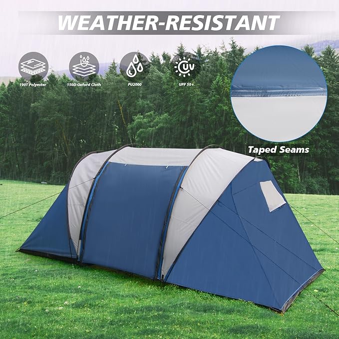 2 Room Family Camping Tent with Porch, Weatherproof Camping Shelter with Rainfly, 2-4 Person Easy Set Up Dome Tent for Outdoor, Picnic, Hiking
