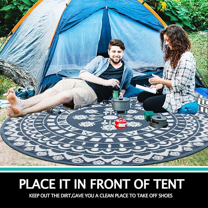 Capslpad 8Ft Round Outdoor Rug for Patios Clearance Reversible Mat Plastic Straw Patio Rugs Lightweight RV Camping Mat Circle Outside Area Rug Carpet for Balcony Deck Trailer Picnic,Blue