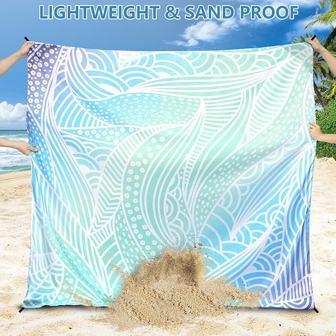 Beach Blanket Waterproof Sandproof Beach Mat 79”x 83” for 1-4 Adults Quick Drying Durable Outdoor Picnic Mat for Beach Festival Travel Camping Hiking (Gradiant Blue-Ripple, 79"×83"(4 Person))