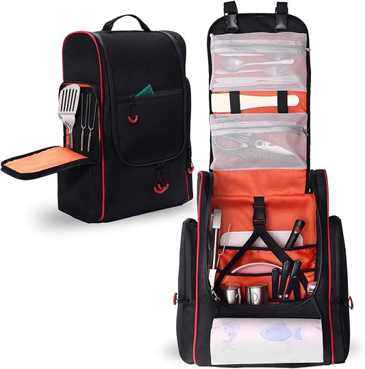 Camping Organizer for Outdoor Kitchen Storage, Large Hanging Cookware Backpack with Paper Towel Holder, Multi Pockets Camp Utensil Containers for BBQ Grill Cooking Essential Tools, Bag Only