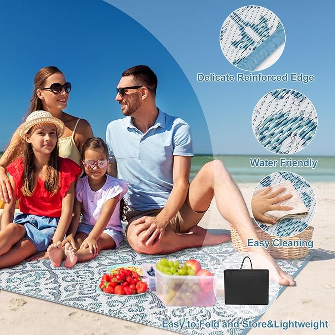 Lahome Waterproof Outdoor Plastic Straw Rug 5x8 Outside Carpet Waterproof Camping Mats Rugs, Reversible Floral Design Patio Rug for Porch Backyard Balcony Deck, Blue & White