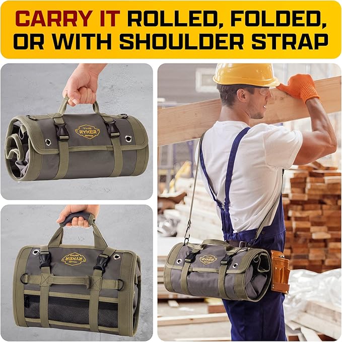 The Ryker PRO Official Roll Up Tool Bag Organizer Gifts for Dad. Motorcycle Tool Bag Organizer for Mechanic & Tools Storage Toolbag Tools Bags Mens gifts for him - w/4 Detachable Pouches & Wrench Roll