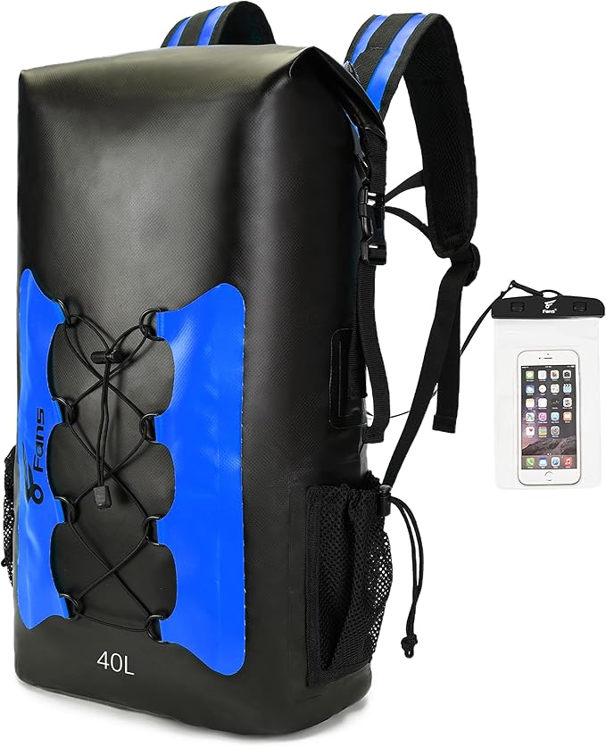 8 Fans Waterproof Backpack 40L,Floating Dry Bag with Phone Case,Roll Top Closure Waterproof Bag for Kayak Boating Sailing Canoeing Rafting Fishing Camping Blue