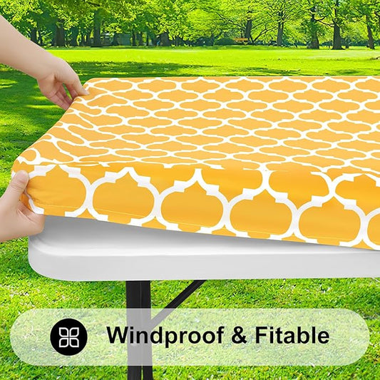 Smiry Rectangle Picnic Table Cover, Waterproof Elastic Fitted Camping Tablecloths for 6 Foot Tables, Wipeable Flannel Backed Vinyl Tablecloth Protector for Outdoor (Mustard Yellow, 30x72 Inches)