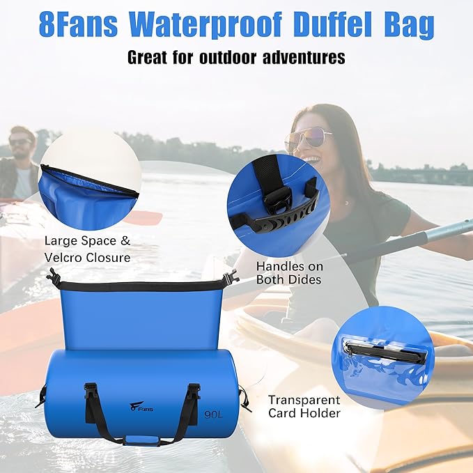 8 Fans Extra Large Waterproof Duffle Bag,Heavy Duty Travel Dry Bag with Durable Straps & Handles, Ideal for Kayaking,Paddleboarding,Boating,Rafting,and Fishing (Blue, 90L)