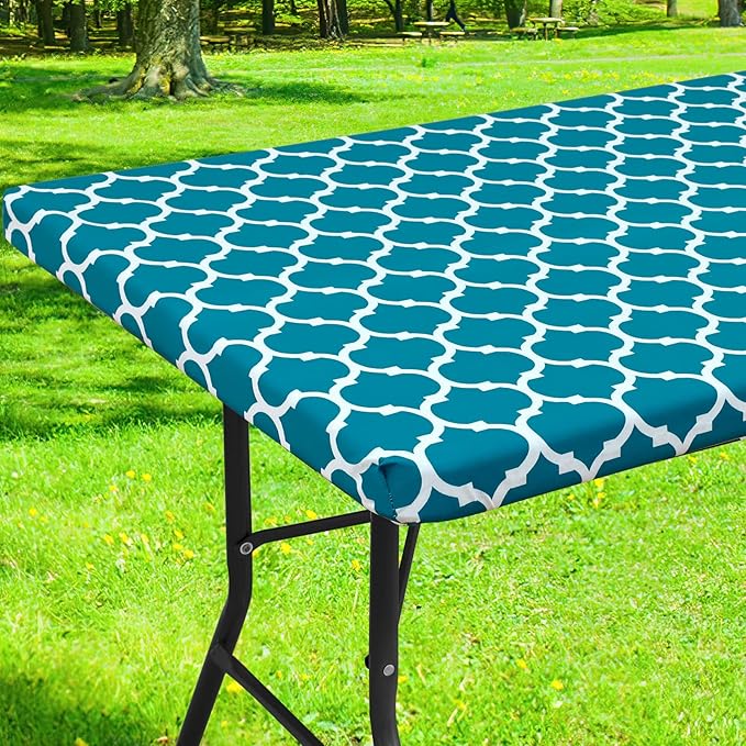 Smiry Rectangle Picnic Table Cover, Waterproof Elastic Fitted Camping Tablecloths for 8 Foot Tables, Wipeable Flannel Backed Vinyl Tablecloth Protector for Indoor, Outdoor (Turquoise, 30x96 Inches)