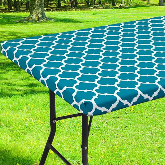 Smiry Rectangle Picnic Table Cover, Waterproof Elastic Fitted Camping Tablecloths for 4 Foot Tables, Wipeable Flannel Backed Vinyl Tablecloth Protector for Indoor, Outdoor (Turquoise, 24x48 Inches)