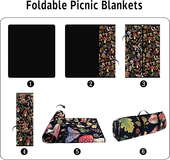 Extra Large Picnic Blankets Waterproof Foldable (80"x 80") Mushroom Beach Blanket Waterproof Sandproof,3-Layer Thicking Mat Outdoor Packable Camping Blanket