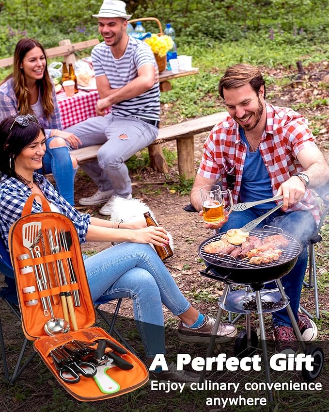 Camping Cooking Set - Camping Utensil Set Car Camping Cooking Essentials Gear for Camp Kitchen Cooking and Grilling, Stainless Steel & Silicone Ideal Gift for RV Tent Camper, Picnics, BBQs