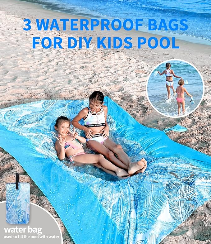 LH Beach Blanket Sandproof, 107"*90" Extra Large Waterproof Beach Mat for 2-8 Adults, Picnic Blankets for Camping, Beach Essentials Big & Compact Quick Drying, Lightweight & Durable with 4 Stakes