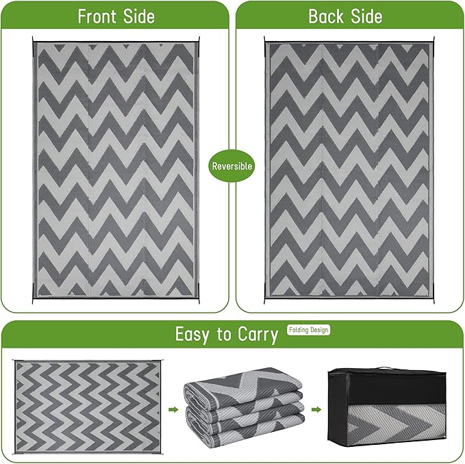 Easy-Going Reversible Outdoor Rugs 5x8ft Waterproof Plastic Straw Rug Stain & UV Resistant Floor Mat for Patio Porch RV Backyard Pool Deck Picnic Beach Trailer Camping (Waved Grey & Light Grey)