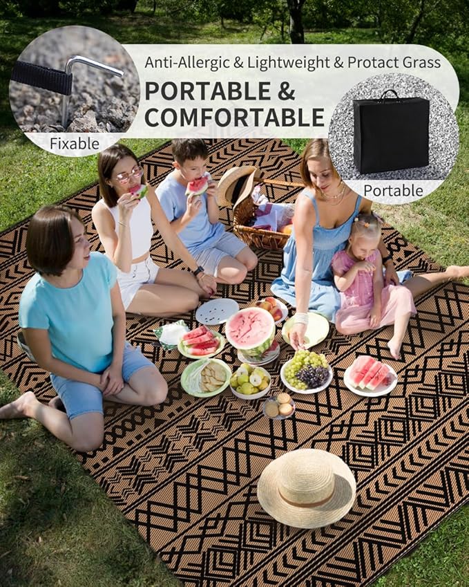 MontVoo Outdoor Rug Carpet Waterproof 9x12 Outdoor Patio Rug Mat Reverisble Plastic Straw Outdoor Rug for RV Camping Picnic Beach Balcony Boho Black Brown Large