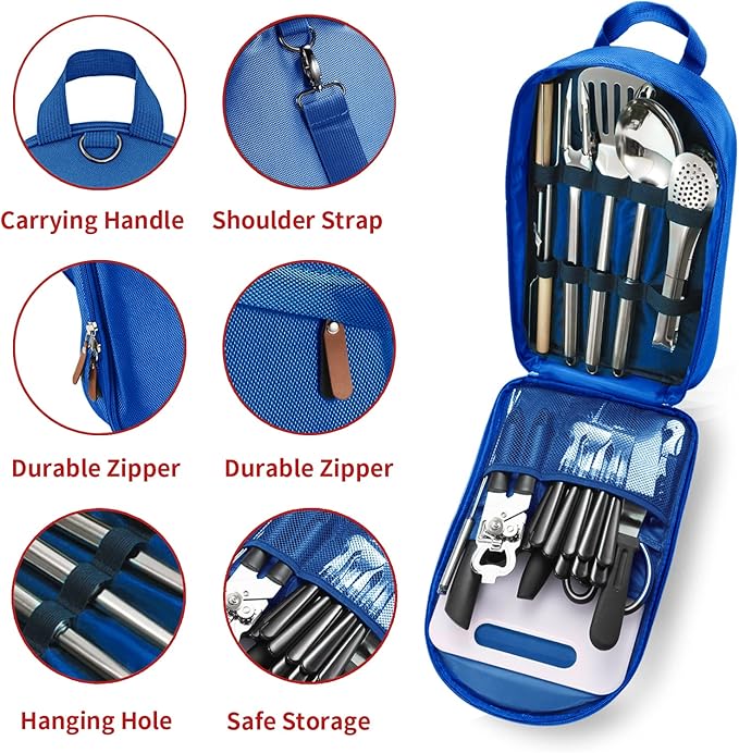 Portable Camping Kitchen Utensil Set-27 Piece Cookware Kit, Stainless Steel Outdoor Cooking and Grilling Utensil Organizer Travel Set Perfect for Travel, Picnics, RVs, Camping, BBQs, Parties and More