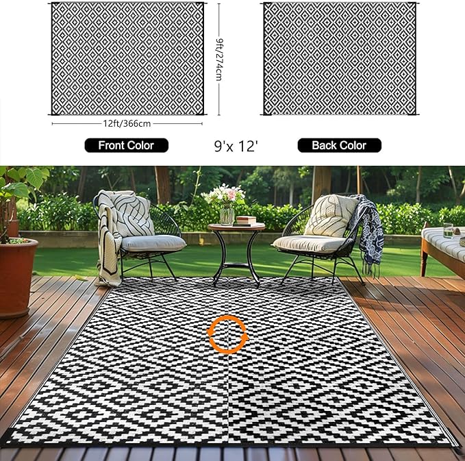 Outdoor Patio Plastic Straw Rug - 9'x12' Outdoor Camping Rug Waterproof Reversible, Area Carpet Patios Clearance RV, Outside Porch Balcony Deck for Camper, Black & White