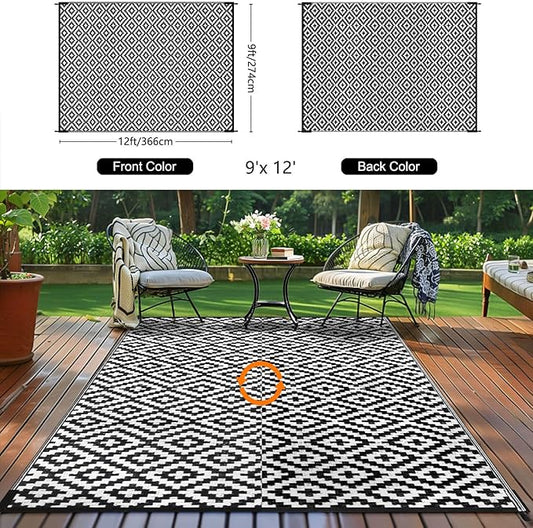 Outdoor Patio Plastic Straw Rug - 9'x12' Outdoor Camping Rug Waterproof Reversible, Area Carpet Patios Clearance RV, Outside Porch Balcony Deck for Camper, Black & White