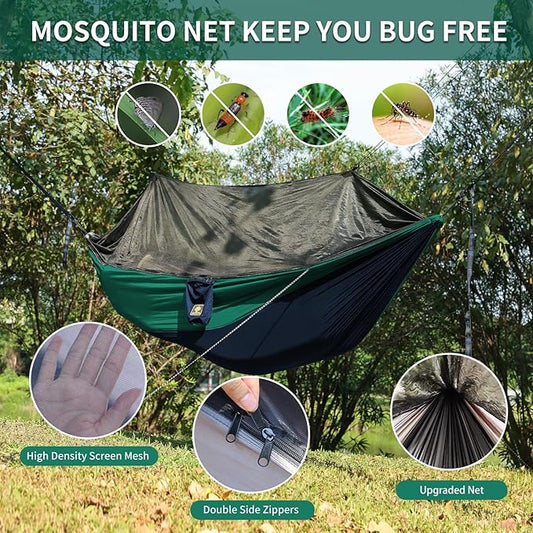 Camping Hammock with Net,Travel Portable Lightweight Hammocks with Tree Straps and Solid D-Shape Carabiners,Parachute Nylon Hammock for Outsides Backpacking Beach Backyard Patio Hiking