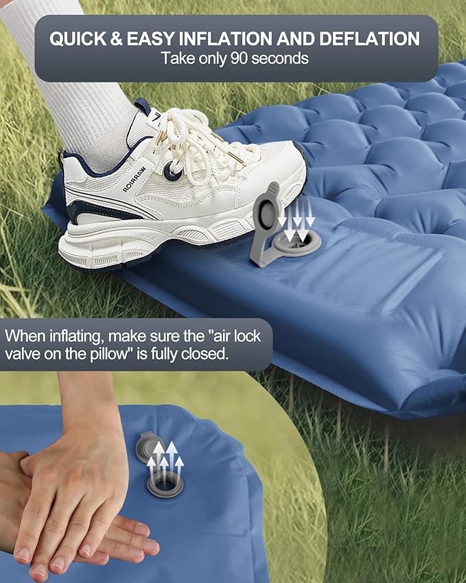 Inflatable Camping Sleeping Pad with Pillow & Foot Pump, 3"x79"x26" Single Camping Air Mattress, Compact Roll-Up, Quick-Dry & Durable Sleeping Mat for Backpacking, Hiking, Tent, Travel – Blue