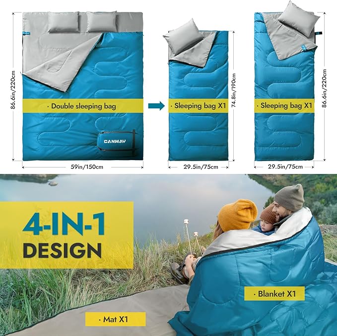 CANWAY Double Sleeping Bag Flannel for Adults Cold Weather Queen Size Two Person Sleeping Bags for Camping with 2 Pillows