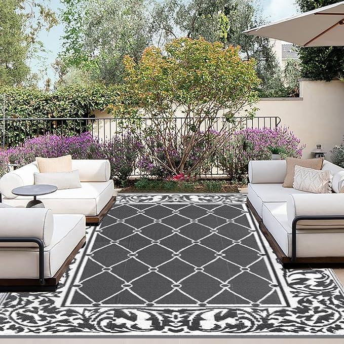 OutdoorLines Indoor Outdoor Rugs for Patio 4x6 ft - Reversible Outside Carpet, Stain & UV Resistant Portable RV Mats, Plastic Straw Rug for Camping, Pool Deck, Porch Rhombus Gray & White