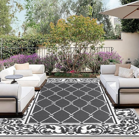 OutdoorLines Indoor Outdoor Rugs for Patio 4x6 ft - Reversible Outside Carpet, Stain & UV Resistant Portable RV Mats, Plastic Straw Rug for Camping, Pool Deck, Porch Rhombus Gray & White