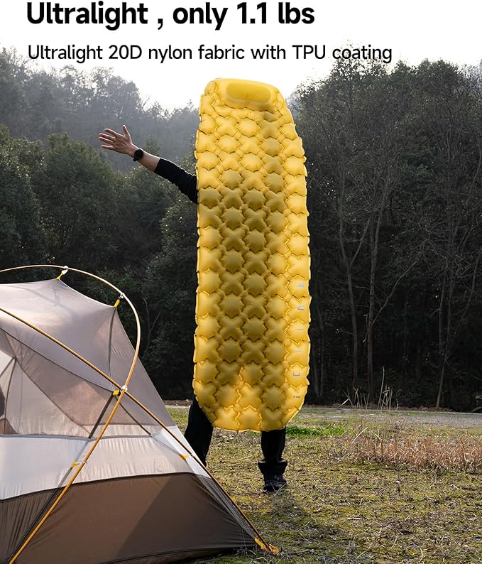 iClimb Ultralight Compact Sleeping Pad with Built-in Pump Inflatable Portable Air Mattress for Camping Backpacking Hiking (Yellow)