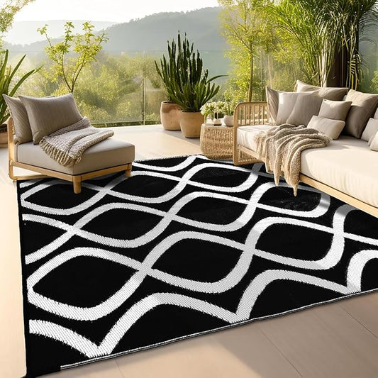 wikiwiki Outdoor Rug, 5x8ft Waterproof Reversible Mat Indoor Outdoor Rugs Carpet, Small Area Rug Plastic Straw Rug for Patio Deck Balcony Pool RV Camping Beach Picnic, Black & White, Rugscape Series