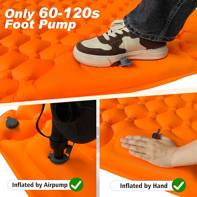 Self Inflating Sleeping Mat Ultralight Inflatable Sleeping Pad for Camping with Pillow Built-in Foot Pump Backpacking for Hiking Traveling Tent, Grey (Orange-Double)