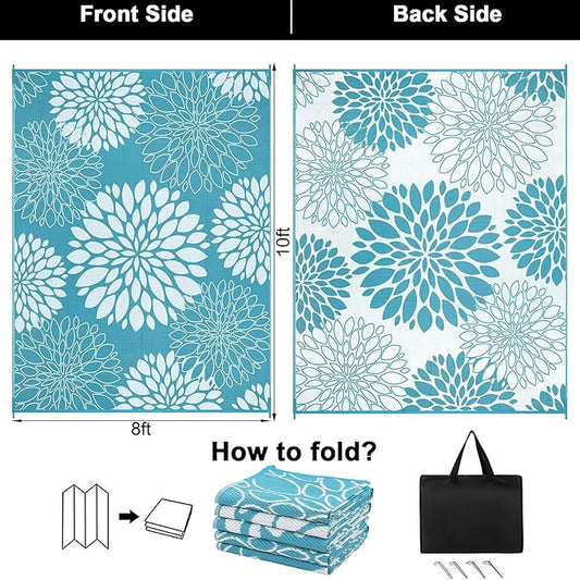 Ileading Reversible Outdoor Rug 8x10Ft Waterproof Patio Rug Carpet Portable Outdoor Plastic Straw Rug Large RV Camping Mat Rug for Patio, Clearance, Deck, Beach, Porch, Camping, Picnic, Teal