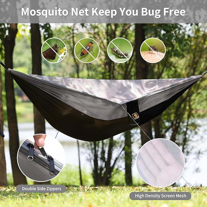 Camping Hammock, Portable Hammocks with Mosquito Net,Lightweight Nylon Parachute Hammock with 10ft Tree Straps,Camping Gear Must Haves for Travel Hiking Backpacking Beach Patio-Black&Grey
